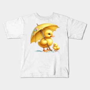 Cute Yellow Duck in the Rain Kids T-Shirt